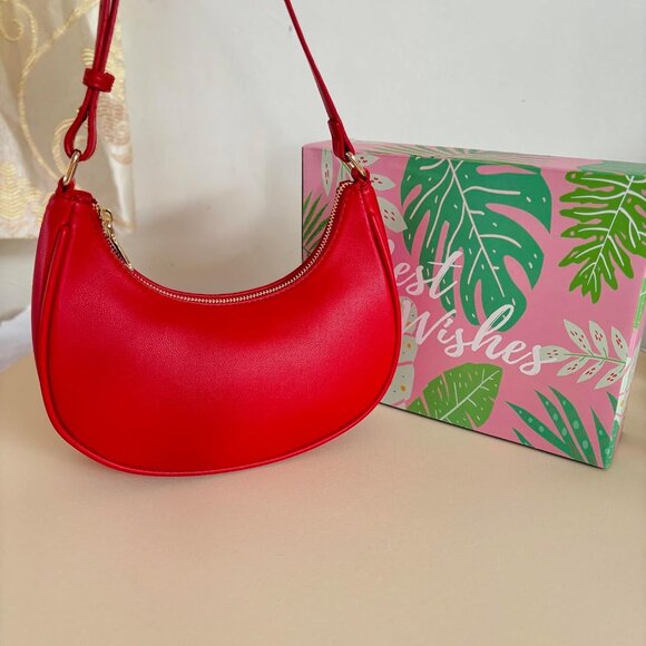 Women Red Retro Classic Clutch Shoulder Tote Hand Bag With Zipper Closure - Picture 4 of 4